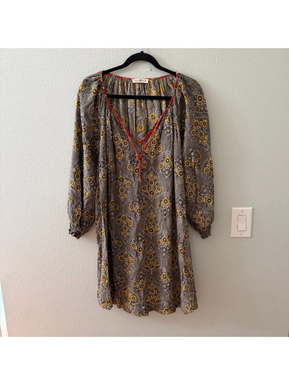 Natural Life Gray Floral Long Sleeve Tunic Dress Womens XL Boho Peasant